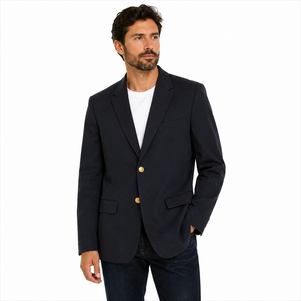 Woolmark Blazer Mens 44L Navy Blue Pure New Wool Gold Crest Buttons 2-Button